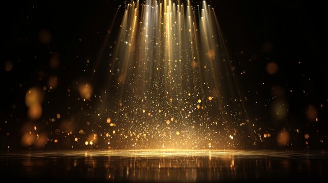 Award party stage golden stage glitter animation. stars, lights and particles. Luxury gold light star