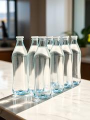 Several crystal-clear glass water bottles are neatly aligned on a polished marble countertop, gently illuminated by soft natural light, creating an inviting atmosphere
