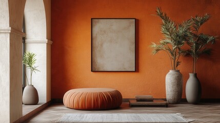 Bright Wall Background with Pouf and Modern Artwork