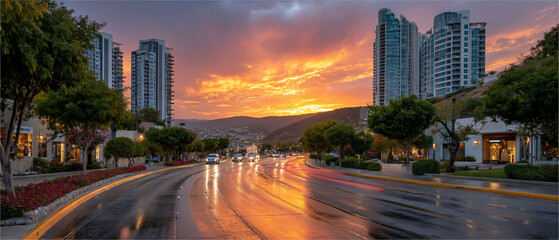 Wet road reflects golden sunset with city buildings on either side of curved street
