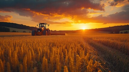 Fototapeta premium Tractor Harvesting Wheat Field at Sunset