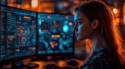 Woman Viewing Two Computer Screens Displaying Code and Graphics