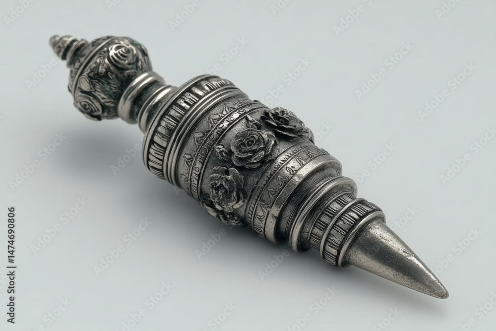 Poster decorative metallic ornament featuring intricate floral designs and a pointed tip on a plain backgro