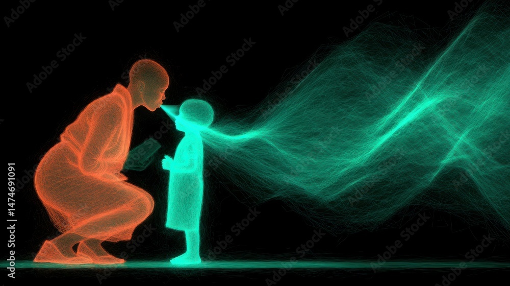 Poster technology style whit net glowing wave,glowing line glow wave,glow line , african mother helping child use nebulizer aerosol