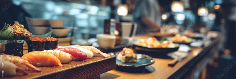 Aufkleber sushi bar counter with fresh sushi selection and a vibrant atmosphere in an urban setting during the