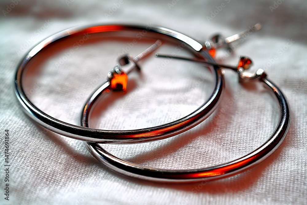 Aufkleber Silver hoop earrings resting on a textured fabric surface with soft lighting in a serene indoor setting