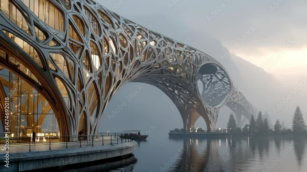Poster photorealistic image of a modern architectural bridge with intricate lattice design spanning across 