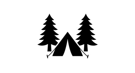 Tent scene with trees black and white icon