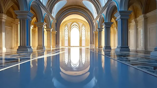 Serene architectural interior with grand arches and reflective floor, illuminated by sunlight