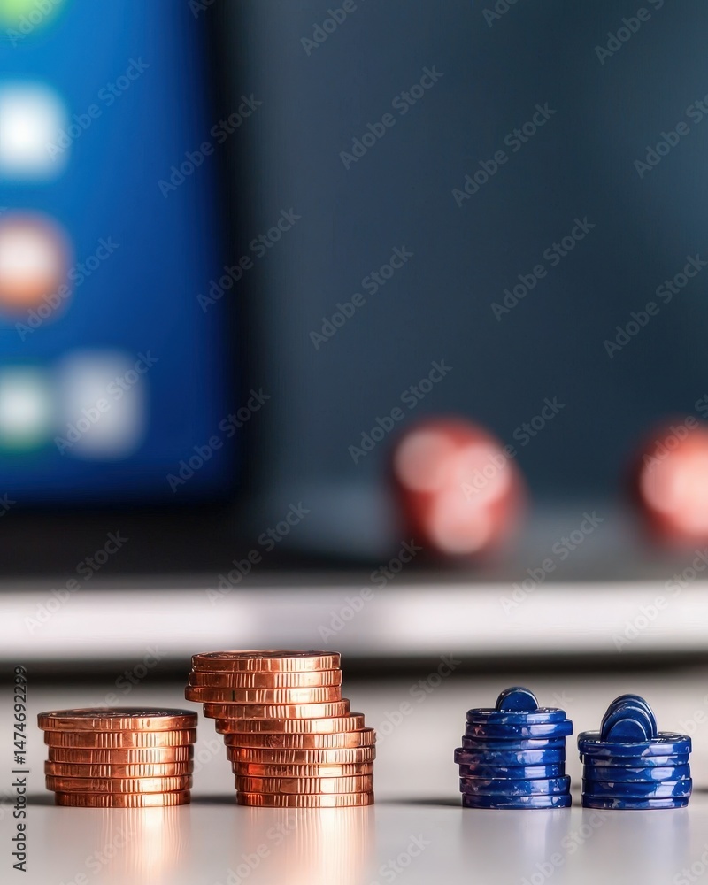 Poster close-up of coins displayed alongside a laptop on a modern desk with a minimalist design