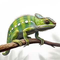 Obraz premium Vibrant chameleon blending flawlessly against a clean, crisp white backdrop