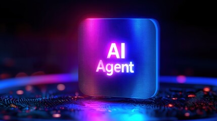 3D neon-lit text "AI Agent" glowing with vibrant blue and red illumination effects, floating above a dark abstract background featuring circular light patterns and geometric particles. High-resolution
