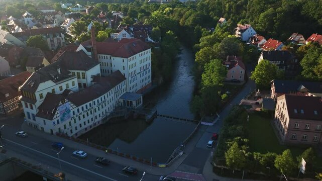 Aerial drone view of the Rednitz River in southern Nuremberg, Germany .
