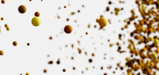 Floating gold and brown spheres on white. Abstract background.