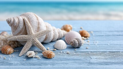 A starfish and a bunch of shells are on a wooden table by the ocean