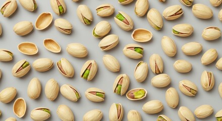 Scattered Pistachios in Shells on Grey Background