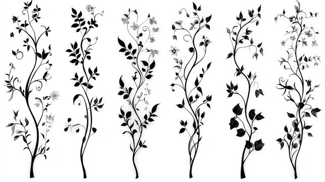 Elegant black and white floral design elements.  Intricate vine patterns with leaves and blossoms