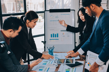 Accounting company provide finance and taxation planning for profitable cash flow, Auditor and accountant team working in office, analyze financial data and accounting record with calculator.Insight