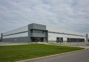 Obraz premium Exterior view of a large gray and white warehouse building with loading docks and a green lawn area