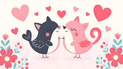 Cute Birds Kissing, Valentine's Day Illustration