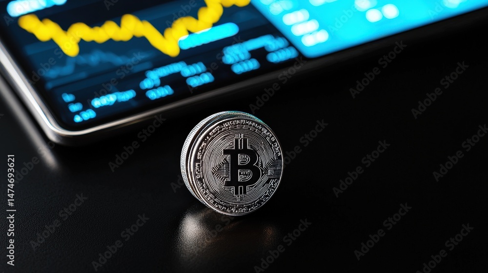 Poster single bitcoin resting on a table demonstrating modern digital currency in an everyday setting
