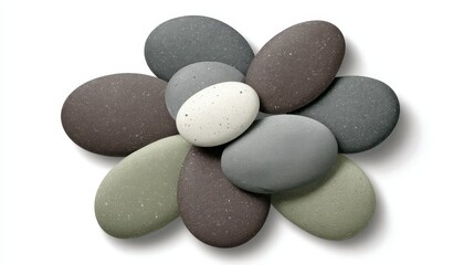 Beautifully Arranged Smooth Stones in Various Natural Shades on a White Background