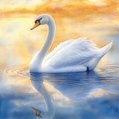 Obraz premium Graceful white swan swimming serenely in tranquil lake water surrounded by lush greenery and nature
