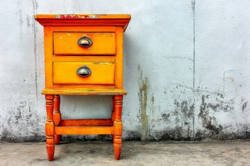 Vintage orange nightstand with two drawers against a textured wall in a bright interior space