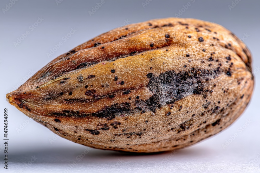 Poster Detailed close-up view of a pecan nut shell highlighting its texture and natural colors captured indoors during daylight