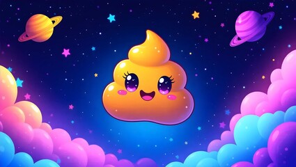Fototapeta premium Cute Cartoon Poop Character in a Cosmic Night Sky