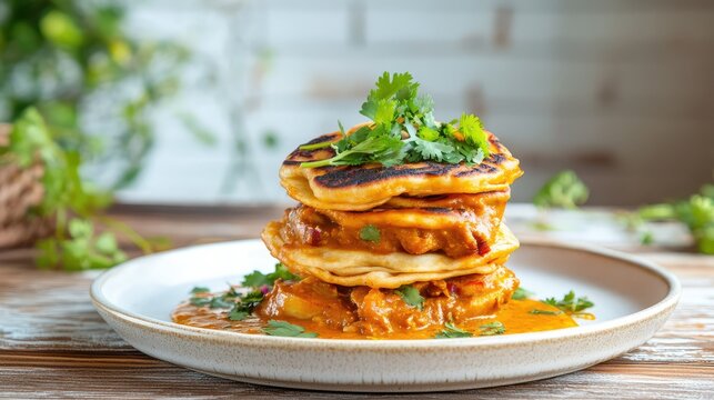 Flaky homemade parotta stacked on plate with curry, garnished with coriander, rustic Indian table setting