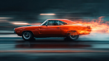 Orange muscle car speeding with flames burning fast motion blur automotive photography wallpaper hd image