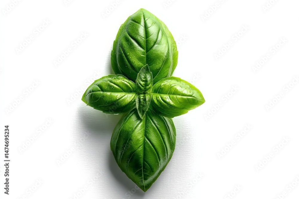 Poster Fresh basil leaves arranged in a symmetrical pattern on a white background showcasing their vibrant green color and texture