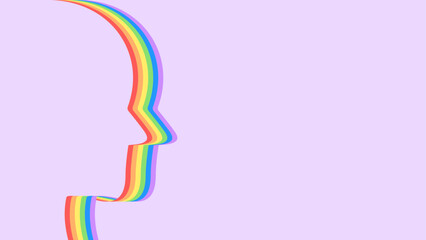 A human face profile is formed by a rainbow-colored ribbon on a solid light purple background