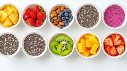 Fresh fruit smoothie bowls with chia seeds, nuts, and bright garnishes, arranged neatly