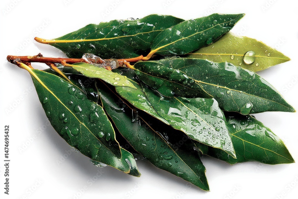 Aufkleber fresh bay leaves glistening with water droplets arranged on a white background for culinary use in c
