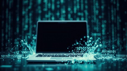 Laptop with binary code splash. Represents technology, data, cybersecurity, and digital innovation.