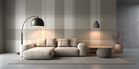 Minimal Living Room with Grid Wall Pattern and Cozy Neutral Tones
