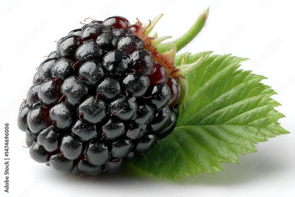 Poster Fresh black raspberry with green leaf resting on white background showcasing its vibrant color and texture