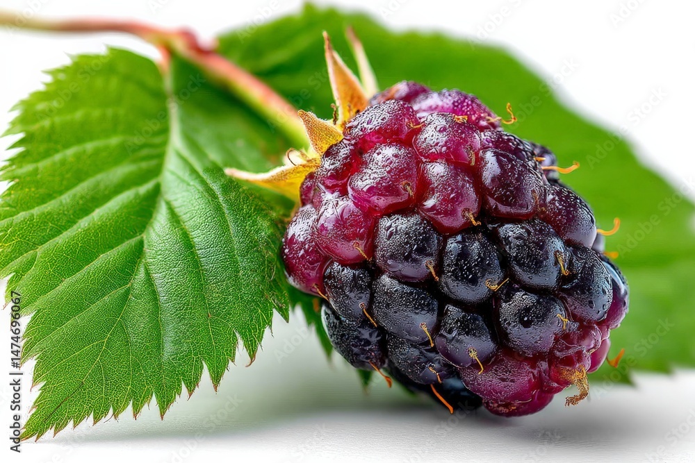 Poster fresh blackberry resting on a vibrant green leaf showcasing its rich color and texture under soft li