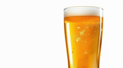 Refreshing amber liquid in a clear glass, topped with a frothy white head, set against a stark background.