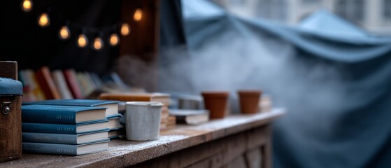 A cozy market stall adorned with glowing lights features stacks of books, steaming mugs, and a peaceful ambiance.