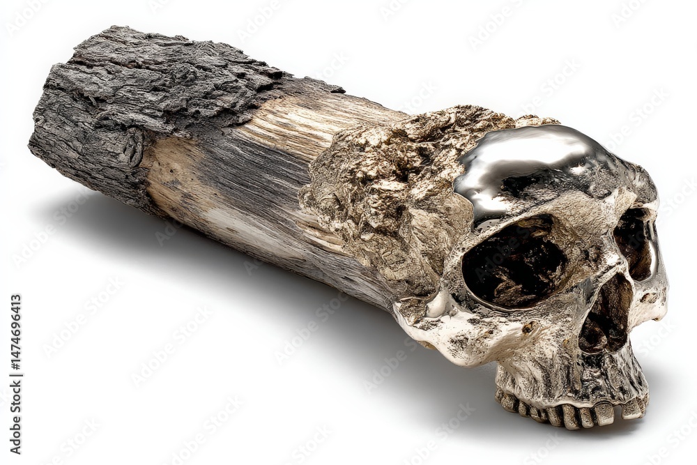 Aufkleber Unique skull sculpture crafted from wood and metallic elements displayed in an artistic setting