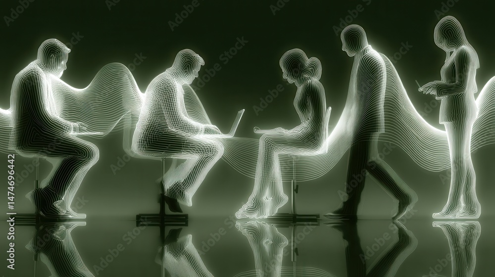 Aufkleber technology style whit net glowing wave,glowing line glow wave,glow line , businesspeople working on 
