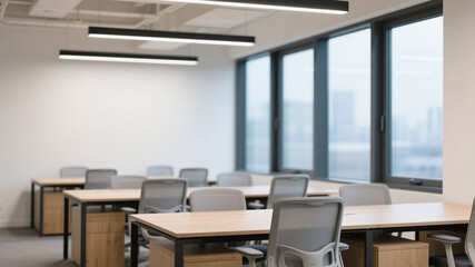 Bright, modern open plan office with minimalist wooden desks arranged in rows, creating a clean, organized, and functional workspace.

