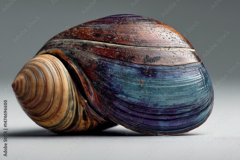 Poster exotic shell resting on a smooth surface showcasing its vibrant colors and intricate textures