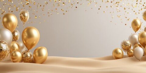 Elegant celebration background with gold confetti and metallic balloons