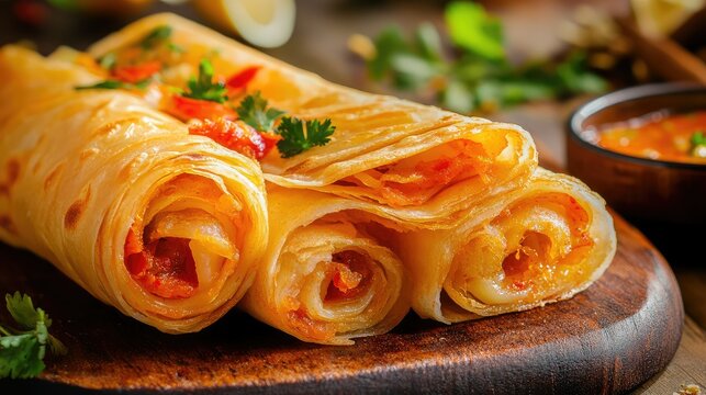 Rolled layers of parotta bread close-up, served with pickles and chutney, traditional look
