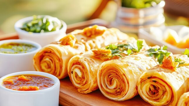 Rolled layers of parotta bread close-up, served with pickles and chutney, traditional look