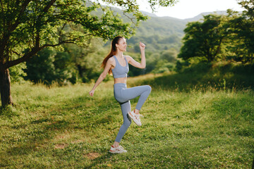 Young woman exercising outdoors in blue activewear, depicting motivation, vitality, and a healthy...